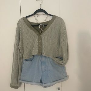 Urban Outfitters Out From Under Green Cropped Button Front V-Neck Cardigan